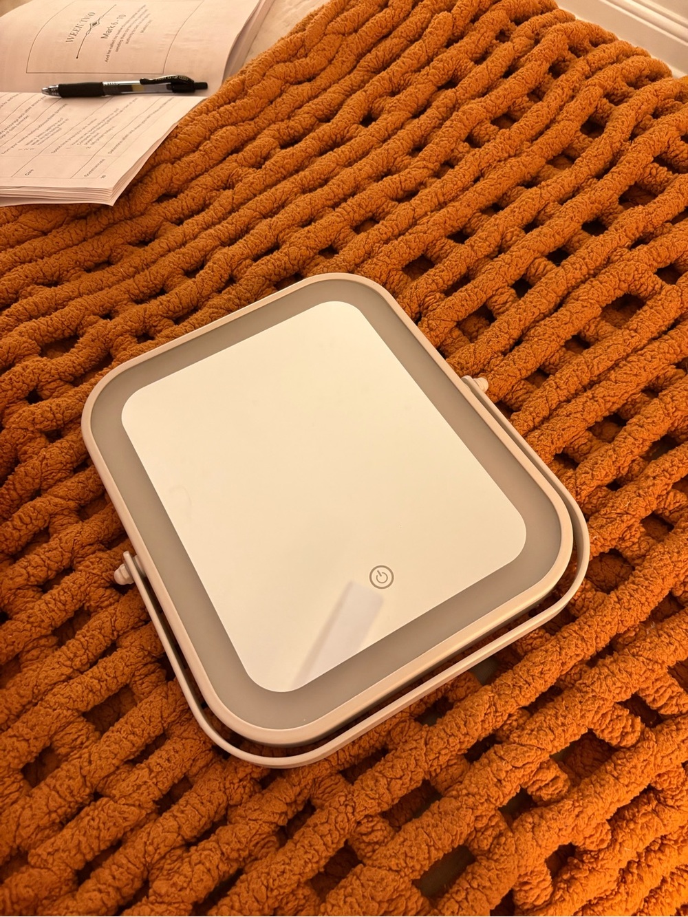 White Portable LED Cosmetic Mirror with Grey Trim - Compact Tablet Accessory